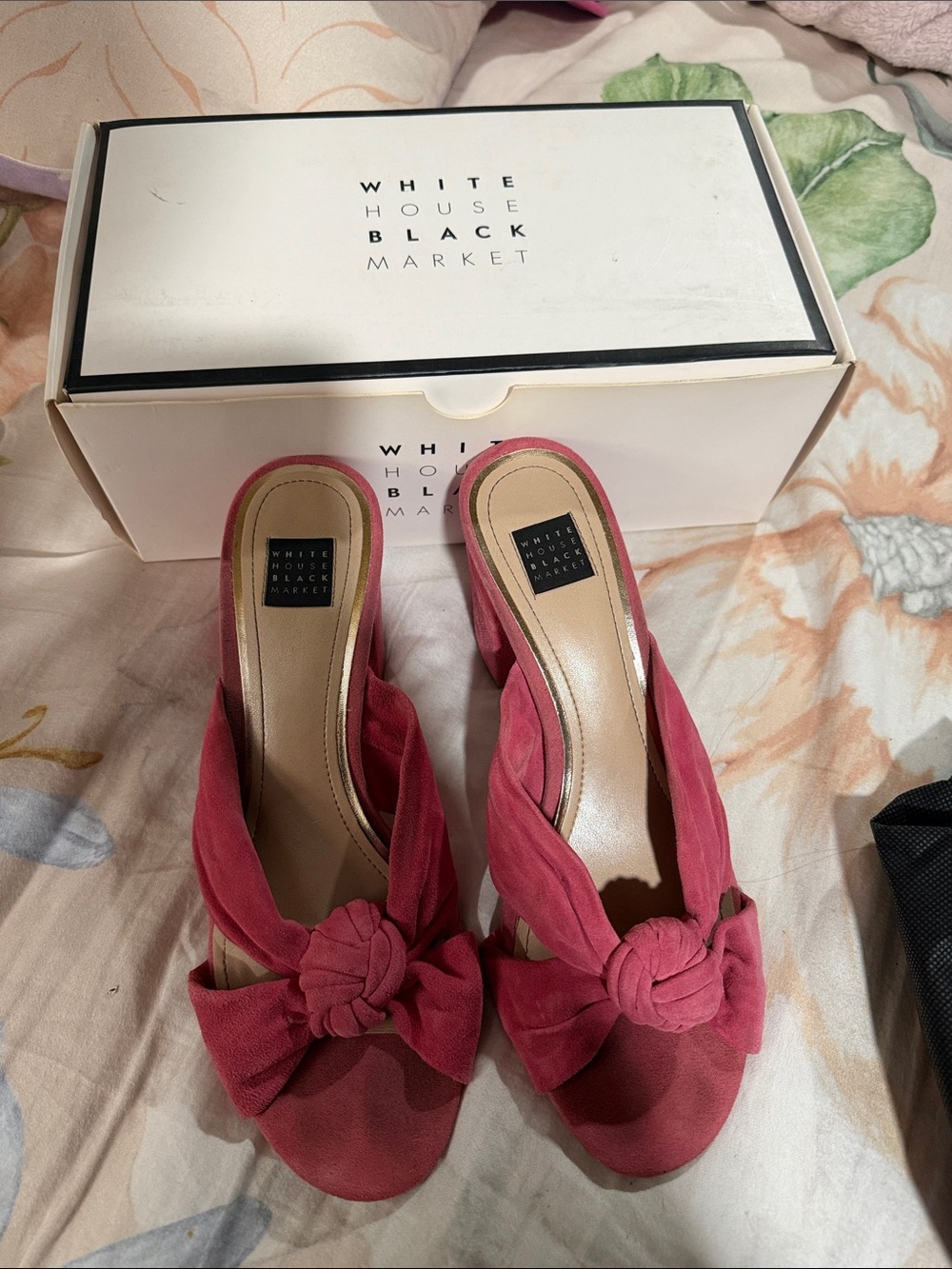 White House Black Market Rose Pink Knotted Suede Slide Heels